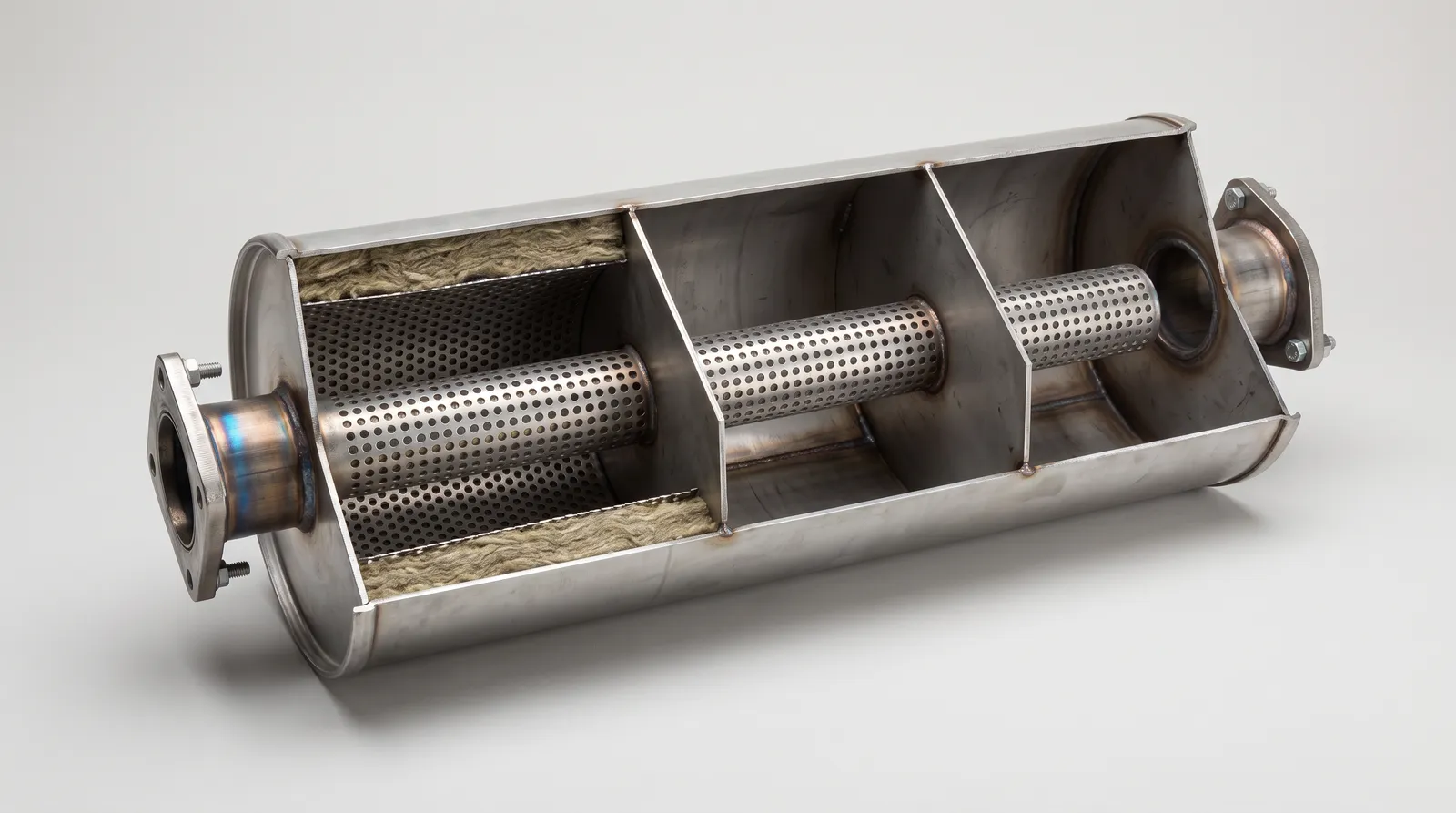 Illustrative image: an industrial exhaust silencer cut open along its length, showing internal chambers, baffle plates, a perforated inner tube and a section of absorptive packing