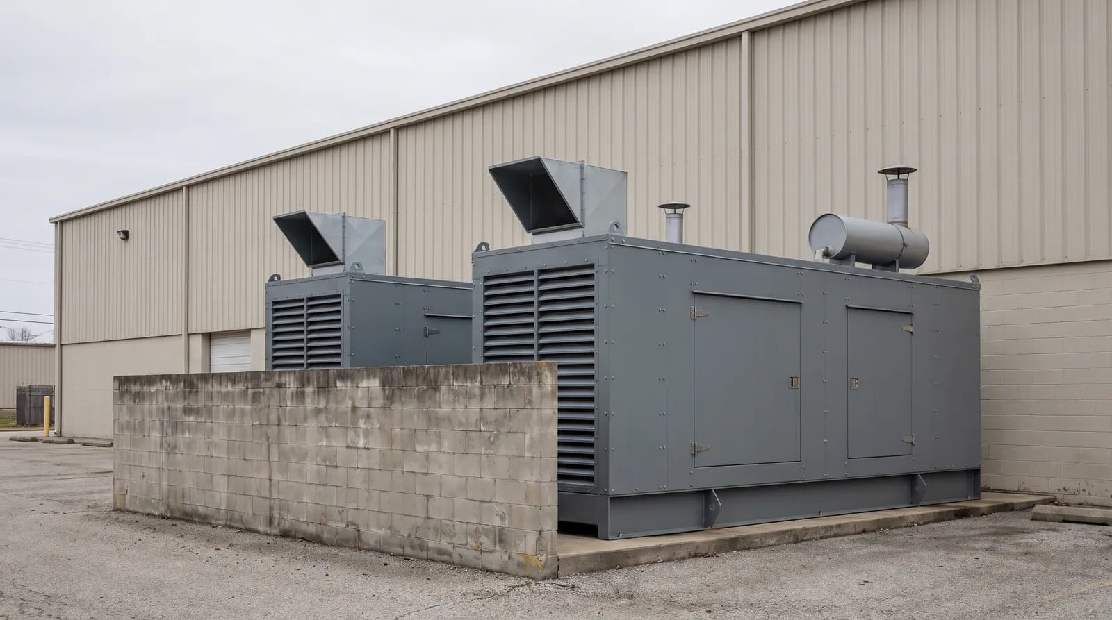Illustrative image: two standby generator sets in grey sound-attenuated enclosures side by side beside an industrial building, with louvered openings, angled roof discharge hoods, a roof-mounted exhaust silencer, and a masonry screen wall in front of them