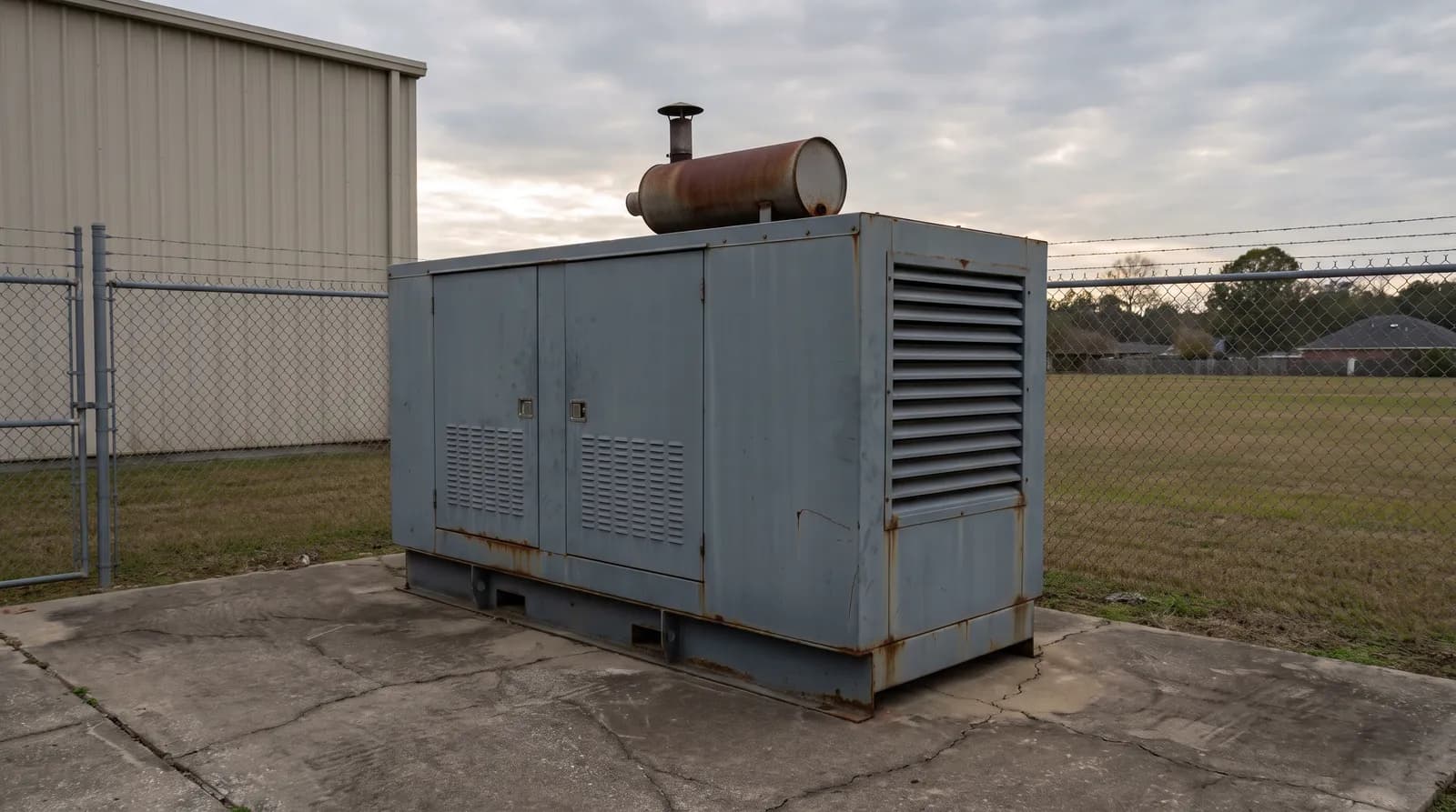 Illustrative image: a weathered standby generator set in a sound-attenuated enclosure inside a chain-link fence beside an industrial building, with houses visible in the distance